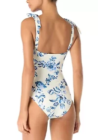 Women's Floral Toile Bow Shoulder Shirred One Piece Swimsuit