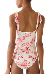 Women's Floral Toile Bow Shoulder Shirred One Piece Swimsuit
