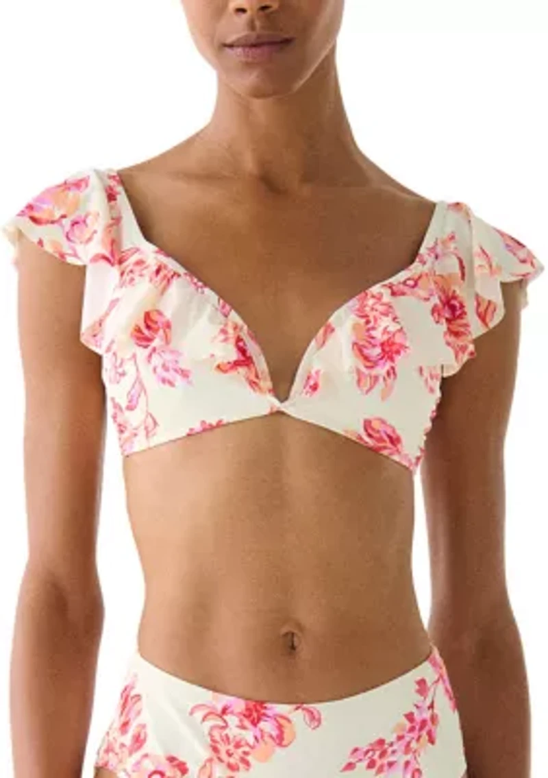 Women's Floral Toile Ruffle V-Wire Swim Top