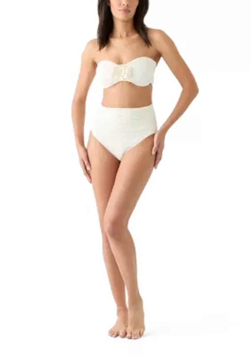 Rosette Solid Shirred High Waist Swim Bottoms