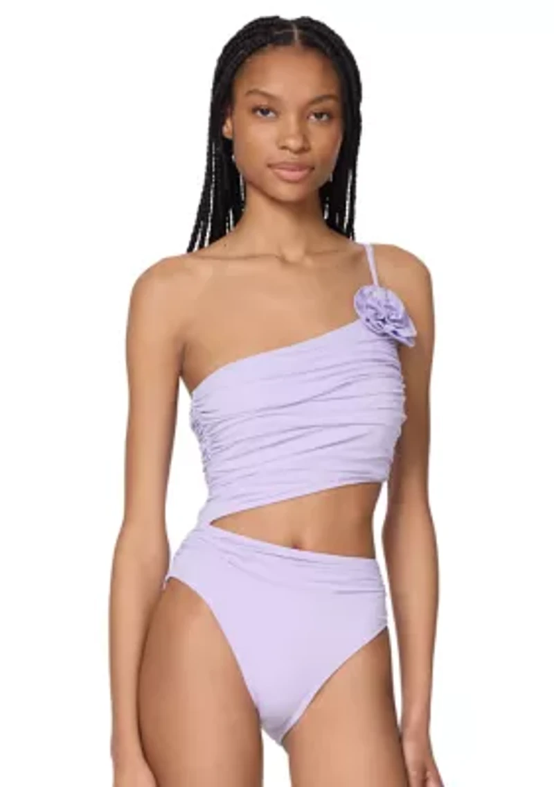 One Shoulder Shirred Cut Out Piece Swimsuit