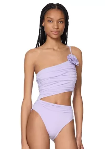 One Shoulder Shirred Cut Out Piece Swimsuit