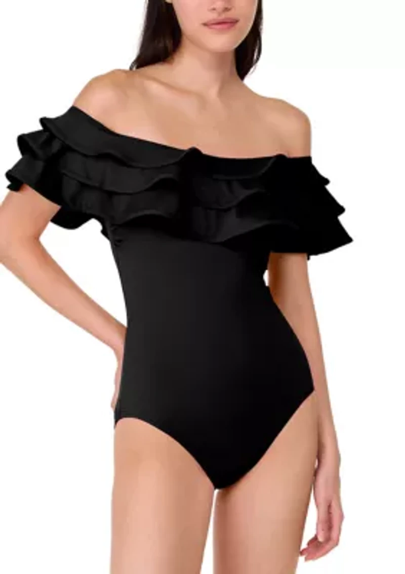 Women's Contrast Off Shoulder Bandeau One Piece Swimsuit