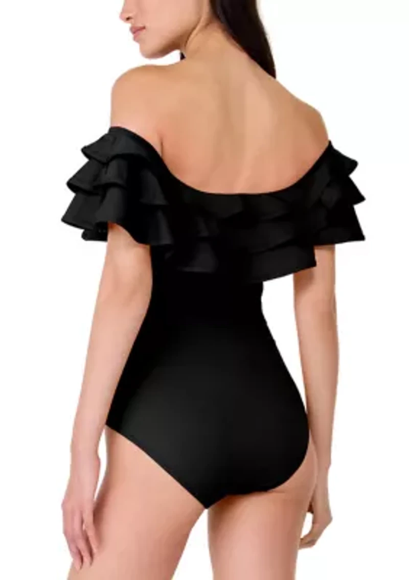 Women's Contrast Off Shoulder Bandeau One Piece Swimsuit