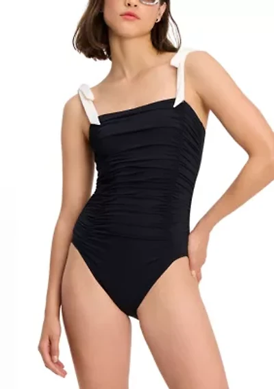 Shirred Square Neck One Piece Swimsuit