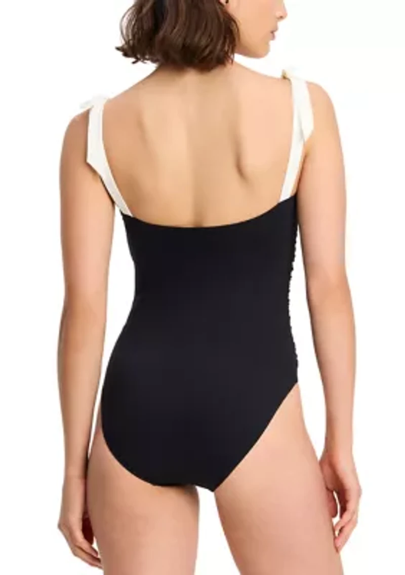 Shirred Square Neck One Piece Swimsuit