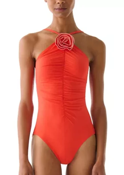 Women's Rosette High Neck Shirred Front One Piece Swimsuit
