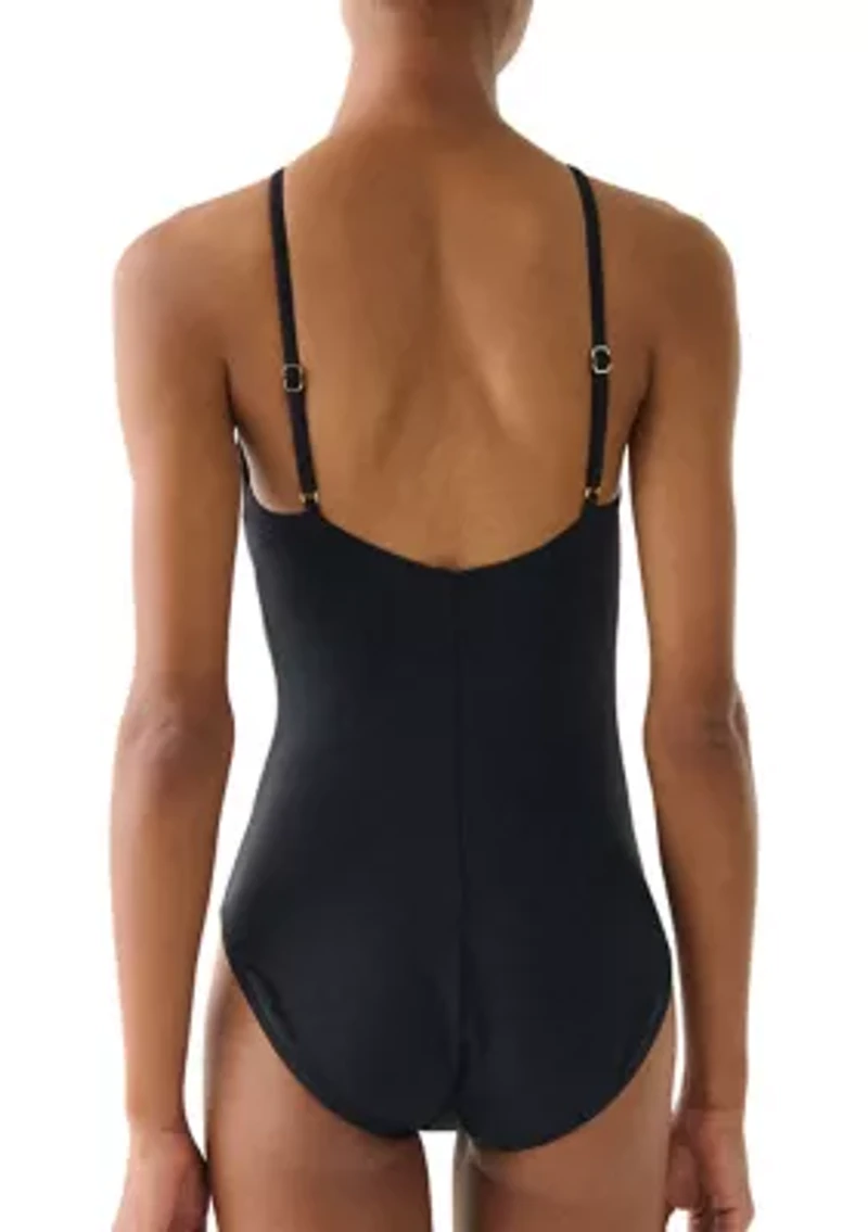 Women's Rosette High Neck Shirred Front One Piece Swimsuit