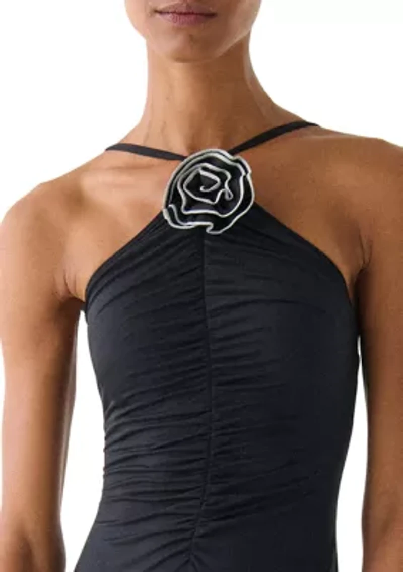 Women's Rosette High Neck Shirred Front One Piece Swimsuit