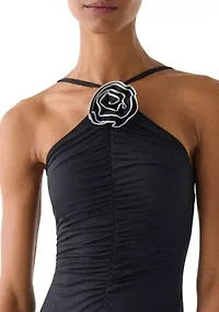 Women's Rosette High Neck Shirred Front One Piece Swimsuit