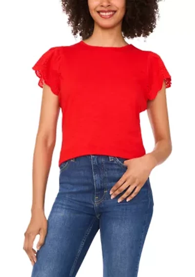 Women's Eyelet Flutter Sleeve Top