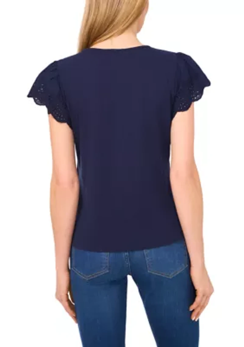 Women's Eyelet Flutter Sleeve Top