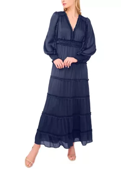 Women's Long Sleeve Tiered Plisse Maxi Dress