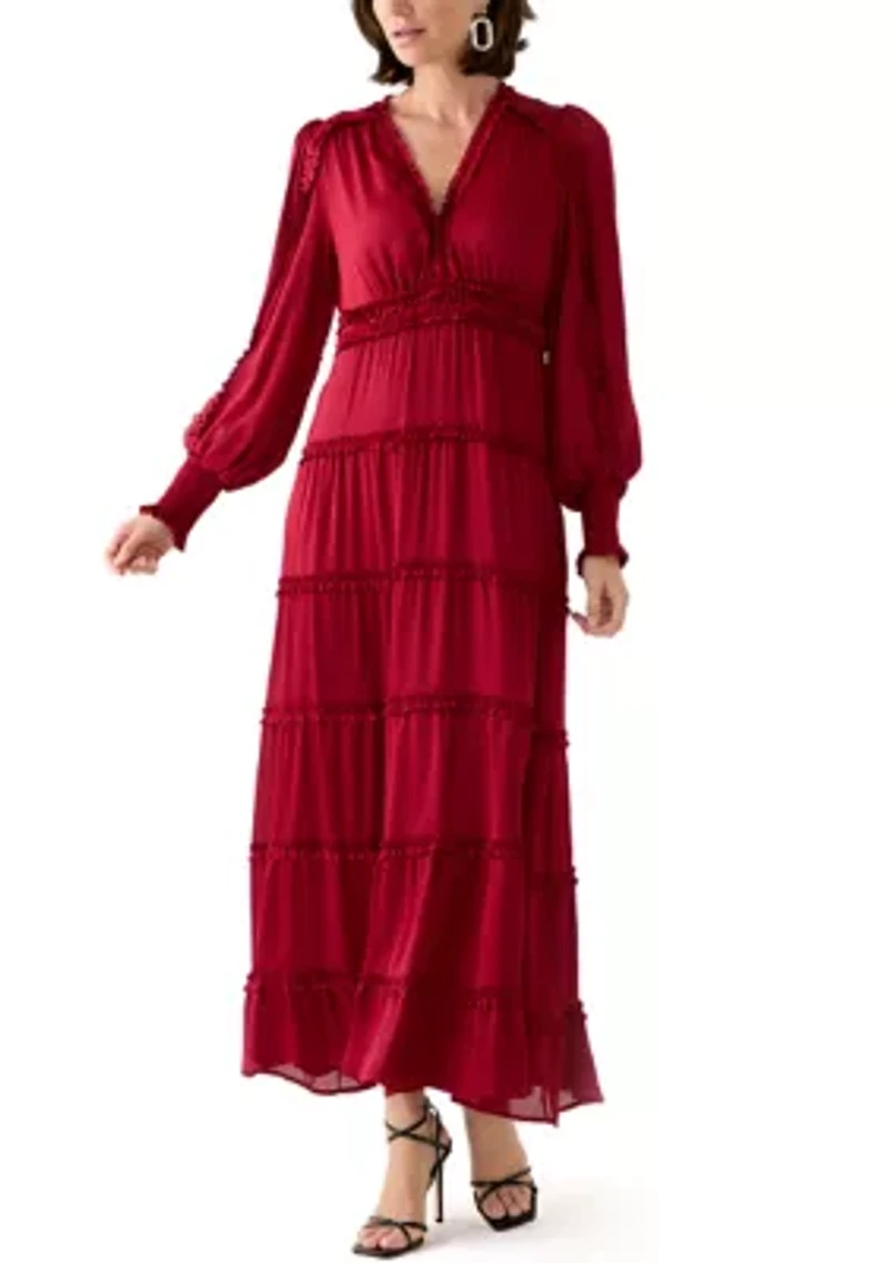 Women's Long Sleeve Tiered Plisse Maxi Dress