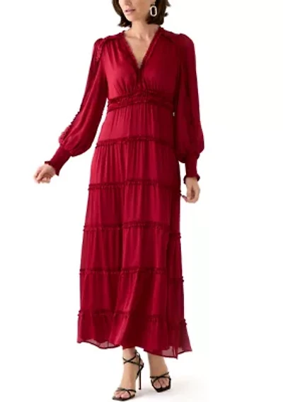 Women's Long Sleeve Tiered Plisse Maxi Dress