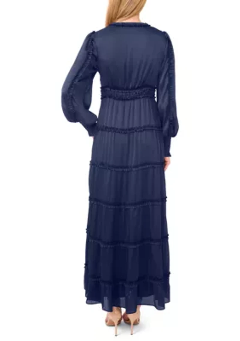 Women's Long Sleeve Tiered Plisse Maxi Dress
