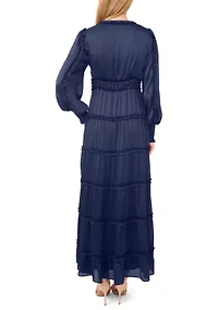 Women's Long Sleeve Tiered Plisse Maxi Dress