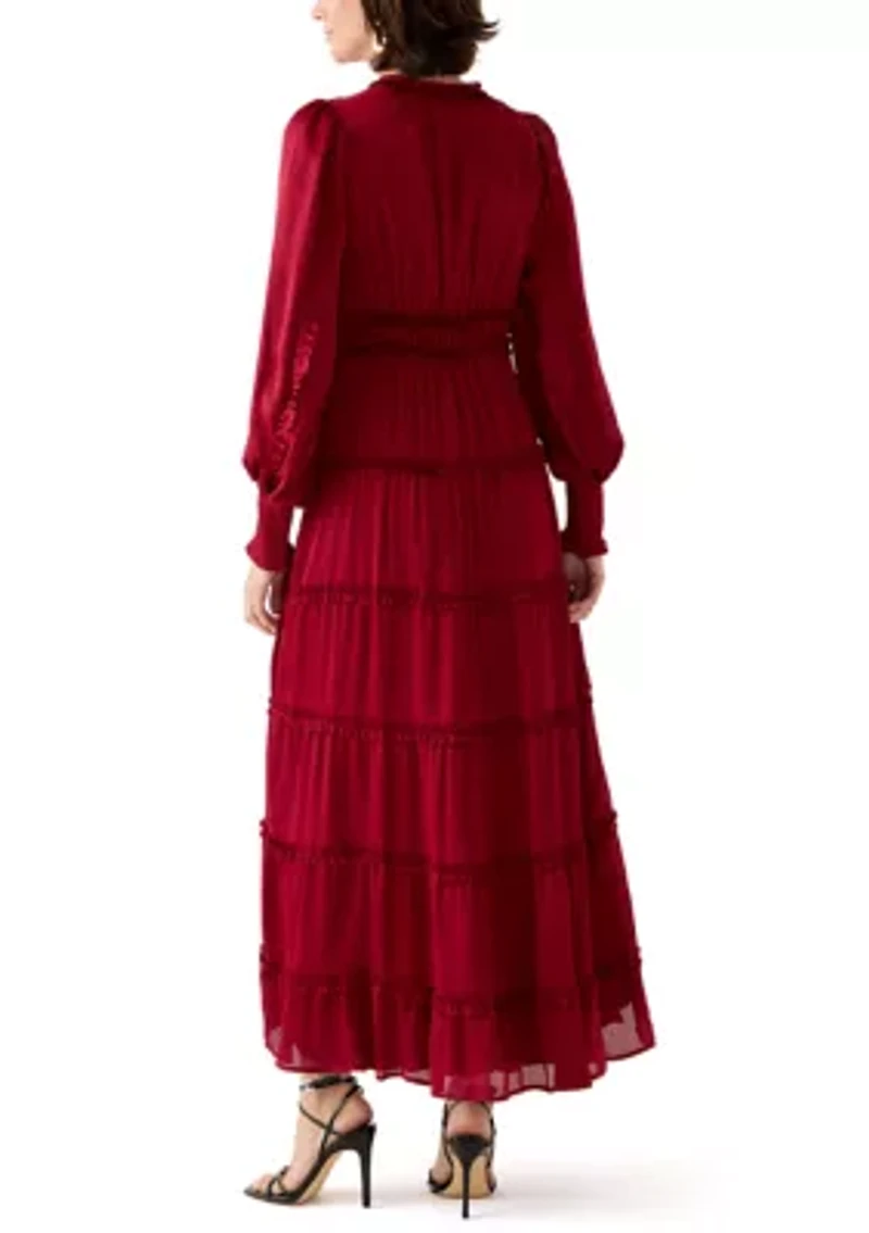 Women's Long Sleeve Tiered Plisse Maxi Dress