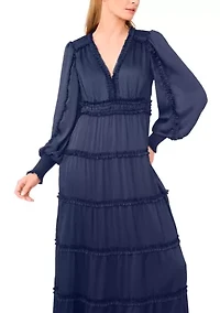 Women's Long Sleeve Tiered Plisse Maxi Dress