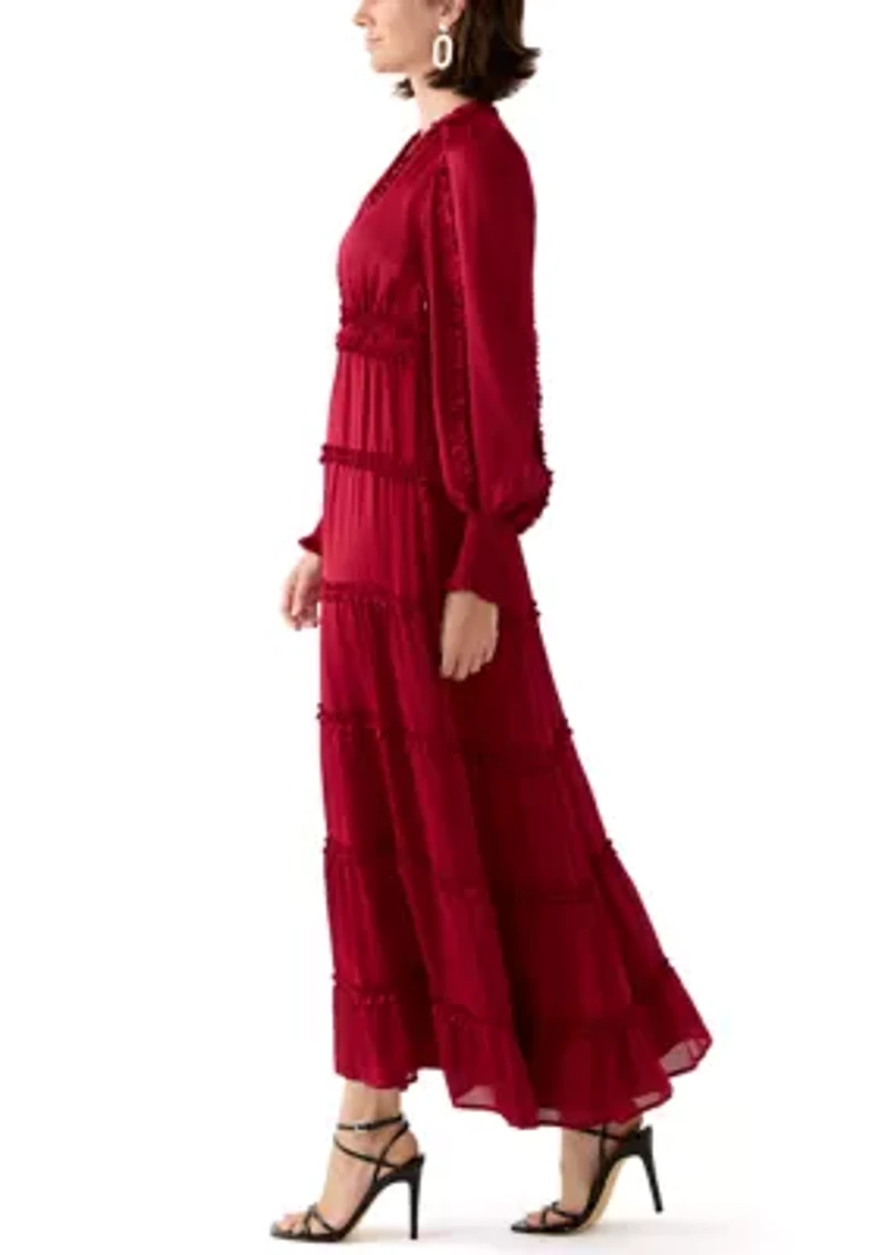 Women's Long Sleeve Tiered Plisse Maxi Dress
