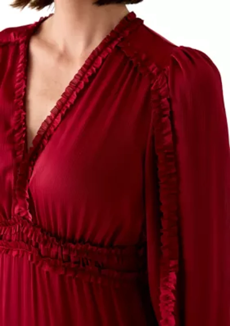 Women's Long Sleeve Tiered Plisse Maxi Dress