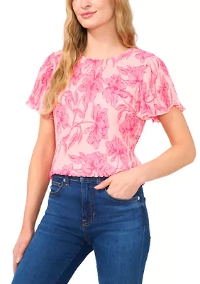 Women's Flutter Sleeve Pleated Floral Blouse