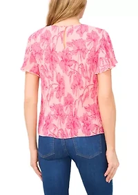 Women's Flutter Sleeve Pleated Floral Blouse