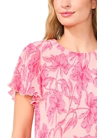 Women's Flutter Sleeve Pleated Floral Blouse