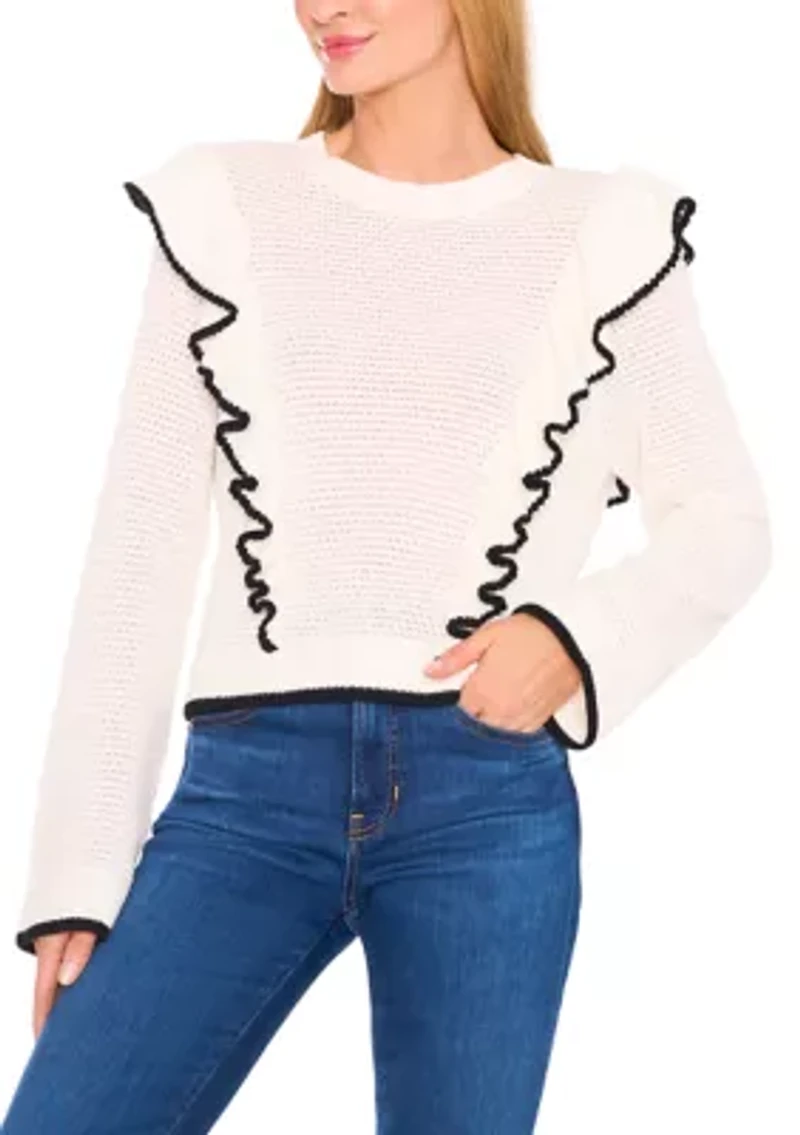 Women's Tip Ruffle Front Crew Neck Sweater