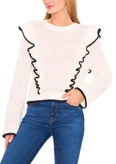 Women's Tip Ruffle Front Crew Neck Sweater