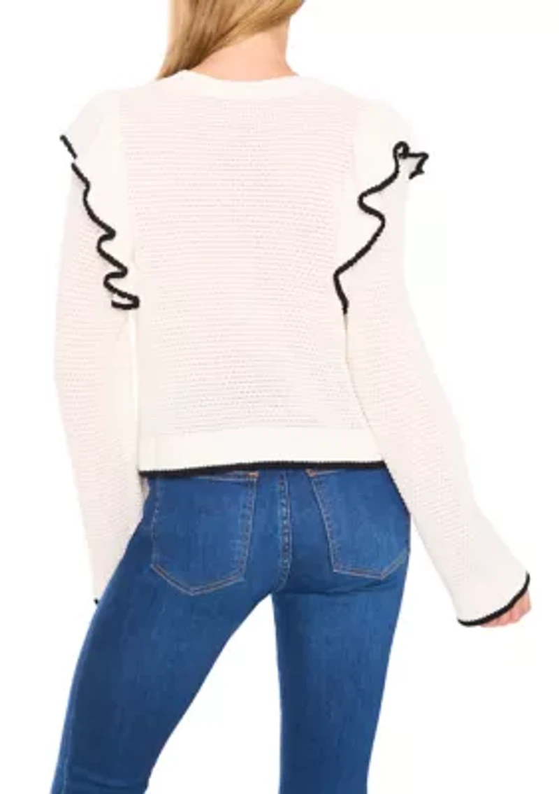 Women's Tip Ruffle Front Crew Neck Sweater