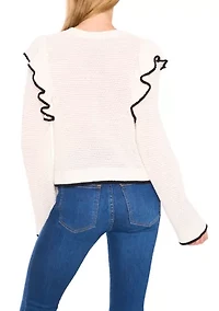 Women's Tip Ruffle Front Crew Neck Sweater