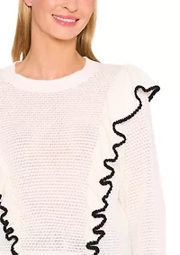 Women's Tip Ruffle Front Crew Neck Sweater
