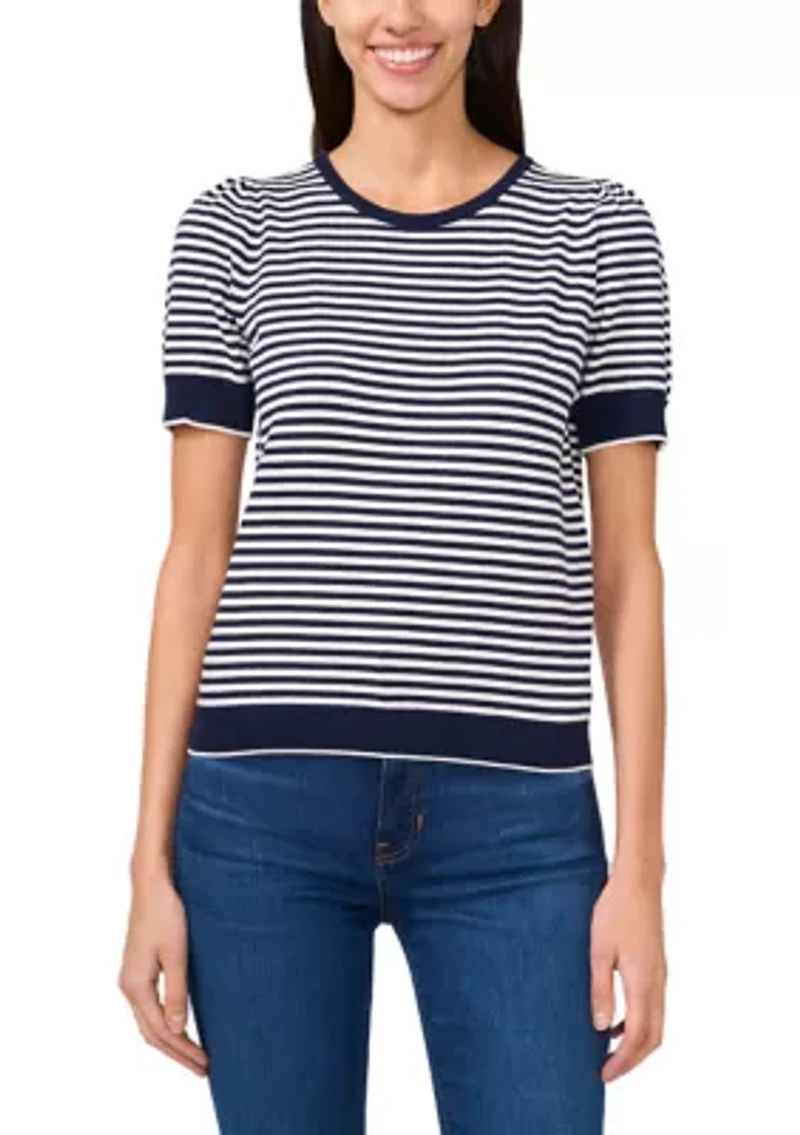 Women's Short Sleeve Pearl Back Stripe Sweater