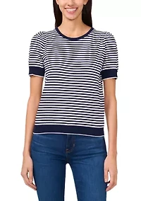 Women's Short Sleeve Pearl Back Stripe Sweater