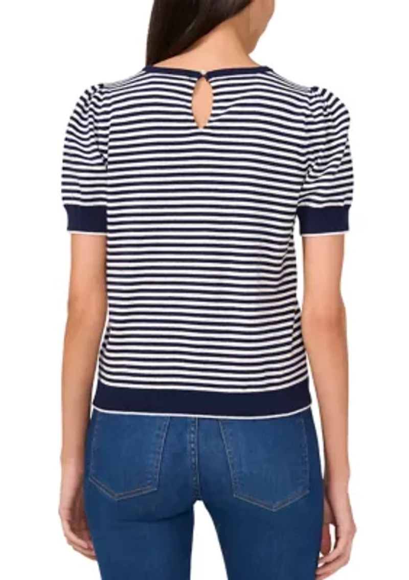 Women's Short Sleeve Pearl Back Stripe Sweater