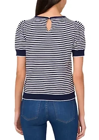 Women's Short Sleeve Pearl Back Stripe Sweater