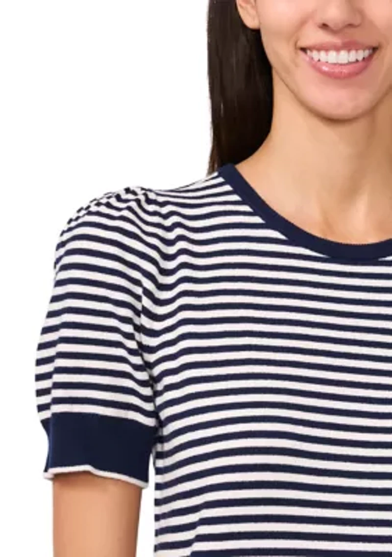 Women's Short Sleeve Pearl Back Stripe Sweater
