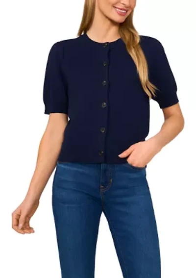 Short Puff Sleeve Button Front Cardigan