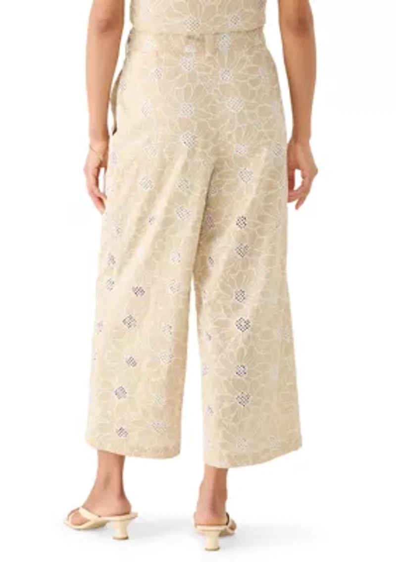 Women's Tie Waist Wide Leg Embroidered Pants