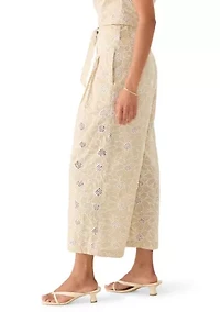 Women's Tie Waist Wide Leg Embroidered Pants
