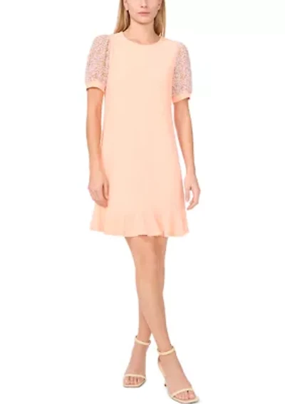 Women's Mixed Media Smudge Floral Ruffle Hem Dress