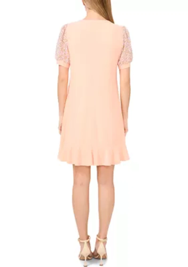 Women's Mixed Media Smudge Floral Ruffle Hem Dress