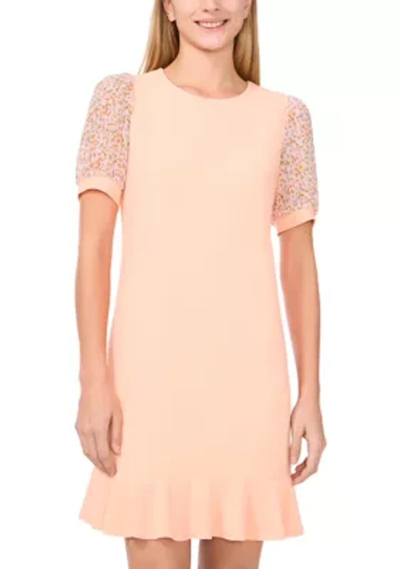 Women's Mixed Media Smudge Floral Ruffle Hem Dress