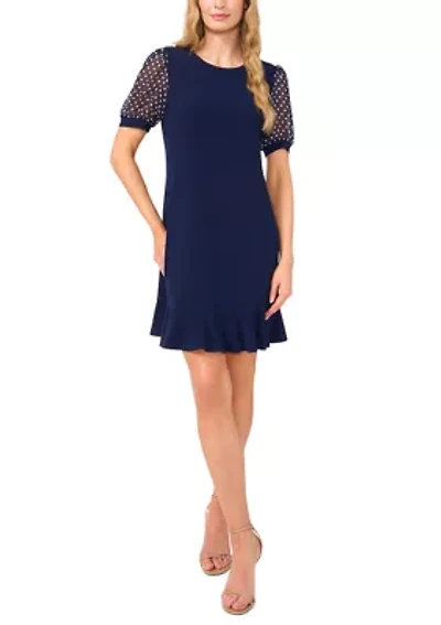 Women's Mixed Media Dot Print Ruffle Hem Dress