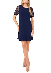 Women's Mixed Media Dot Print Ruffle Hem Dress