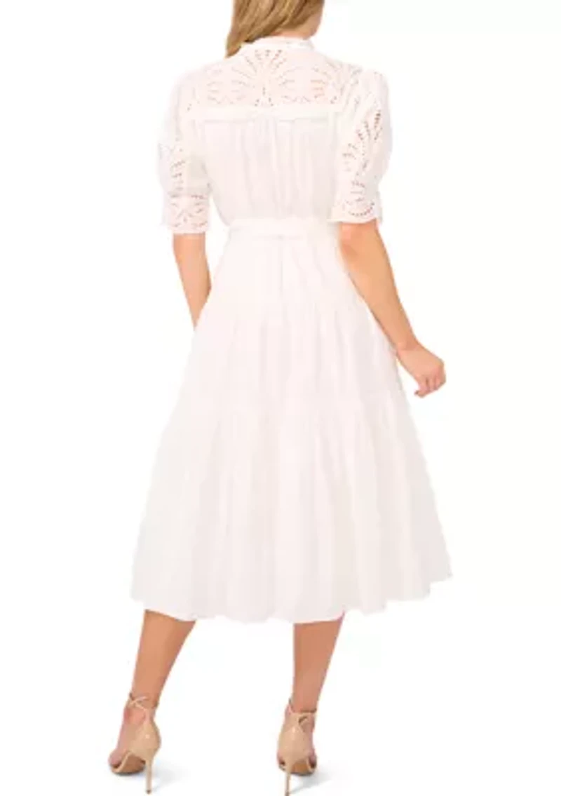 Elbow Sleeve Tie Waist Eyelet Dress