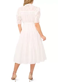 Elbow Sleeve Tie Waist Eyelet Dress