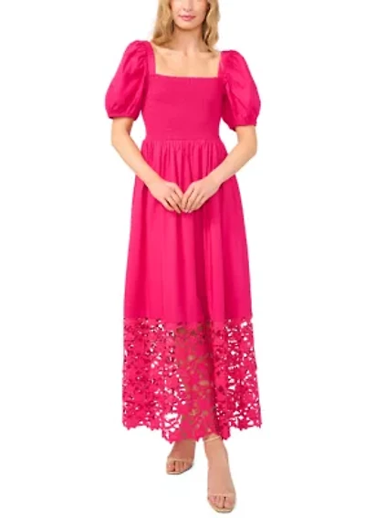 Women's Short Sleeve Smock Eyelet Midi Dress