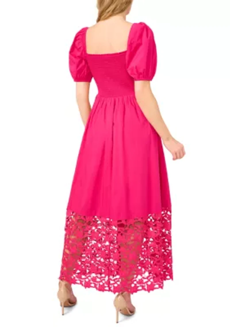 Women's Short Sleeve Smock Eyelet Midi Dress